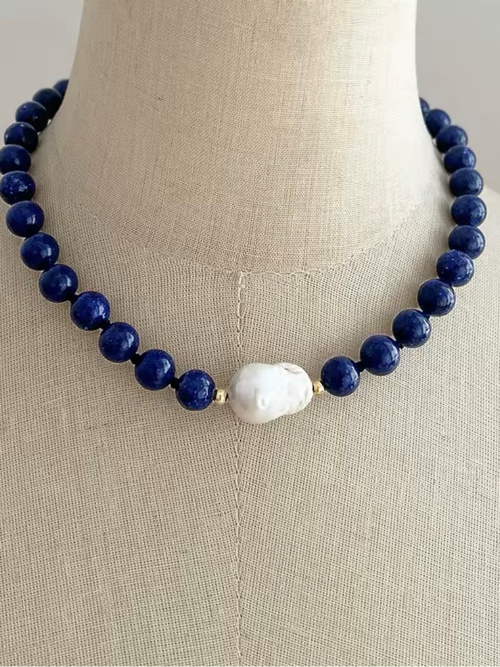 Lapis Lazuli Semiprecious Bead Necklace with Baroque Pearl NEW